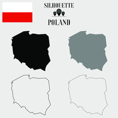 Poland outline world map, solid, dash line contour silhouette, national flag vector illustration design, isolated on background, objects, element, symbol from countries set