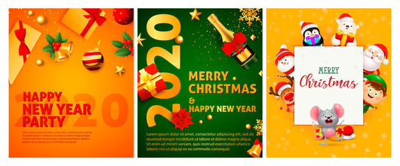 Happy New Year orange, green banner set with champagne