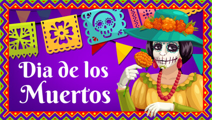 Dia de los Muertos Catrina with marigold and flags