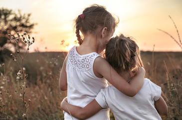 Two little sisters in a field at sunset.