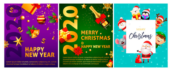 Merry Christmas violet, green, blue banner set with animals