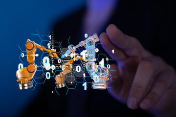 Industry 4.0 concept -  Robot arm in smart factory background.