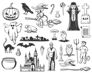 Obraz premium Halloween witch, ghost, pumpkin. Monster icons