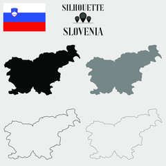 Slovenia outline world map, solid, dash line contour silhouette, national flag vector illustration design, isolated on background, objects, element, symbol from countries set