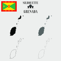 Grenada outline world map, solid, dash line contour silhouette, national flag vector illustration design, isolated on background, objects, element, symbol from countries set