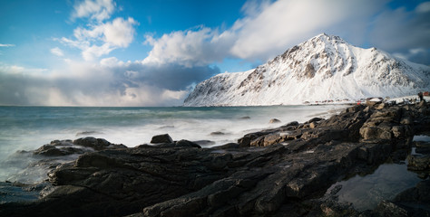 Fototapeta na wymiar Panorama seashore and mountains in Norway