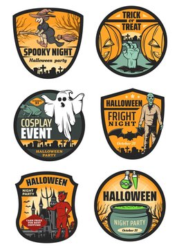 Halloween monster icons of ghost, zombie, pumpkin