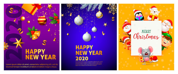 Fototapeta na wymiar Happy New Year blue, yellow banner set with mouse