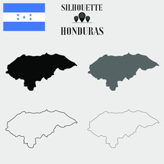 Honduras outline world map, solid, dash line contour silhouette, national flag vector illustration design, isolated on background, objects, element, symbol from countries set