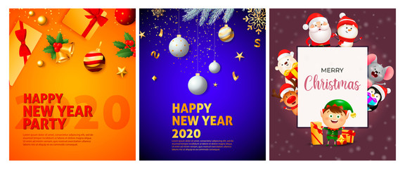 Happy New Year orange, blue banner set with baubles, animals