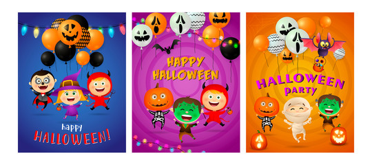 Happy Halloween blue, violet, orange banner set