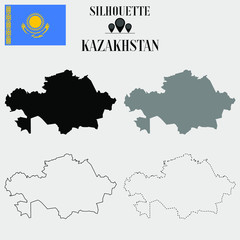 Kazakhstan outline world map, solid, dash line contour silhouette, national flag vector illustration design, isolated on background, objects, element, symbol from countries set