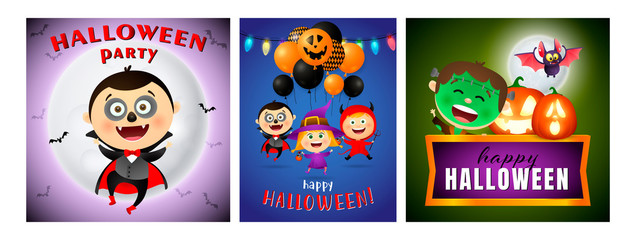 Halloween party blue, green banner set with vampire