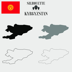 Kyrgyzstan outline world map, solid, dash line contour silhouette, national flag vector illustration design, isolated on background, objects, element, symbol from countries set