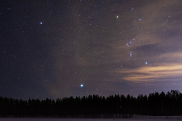 Fototapeta na wymiar Orion and Canis Minor constellations and Sirius above boreal forest on a cold winter night