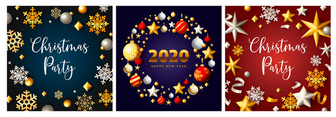 Fototapeta na wymiar Christmas party blue, red banner set with flakes, stars