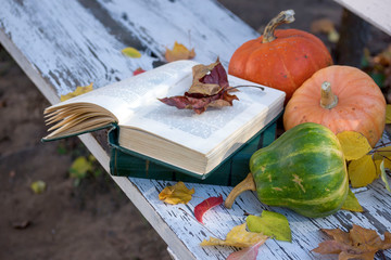 Naklejka na ściany i meble Autumn on a white bench are books and different pumpkins.