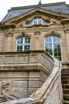 Rococo Pavilion from 1765 in the Municipal Park of Echternach, Luxembourg, low-angle partial view