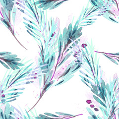 Seamless Pattern of Branches with Berries. Watercolor Background.	