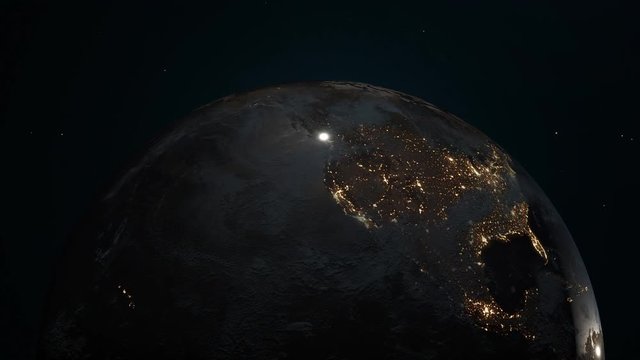 Earth from Space with Twinkling Stars. Sunrise. Earth Rotation Loop. Realistic Atmosphere. 3D Earth