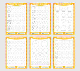 yellow set of trace the geometric shapes around the contour. learning for children, drawing tasks. simple lesson figures
