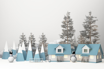 Beautiful Christmas winter snowy landscape background with mountains and low poly fir trees with snow man. 3d rendering