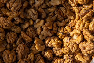 Walnut background. Walnuts peeled close-up shot in the market