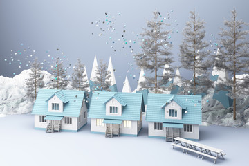 Naklejka premium Beautiful Christmas winter snowy landscape background with mountains and low poly fir trees and house. 3d rendering