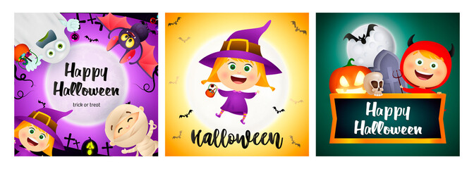 Halloween party banner set with witch, ghost, devil, mummy