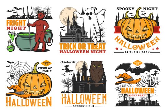 Halloween icons of pumpkins, ghost, owl and bats
