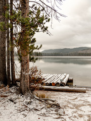 Raft covered with snow on Little Redfish Lake in Idaho