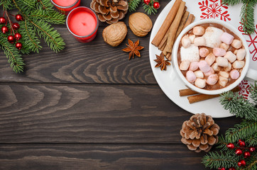 Christmas background with Hot chocolate and Christmas decorations. Top view, horizontal with copy space.