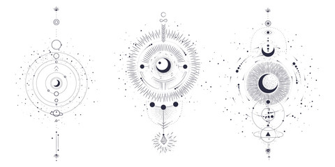 Vector illustration set of moon phases. Different stages of moonlight activity in vintage engraving style. Zodiac Signs © chikovnaya
