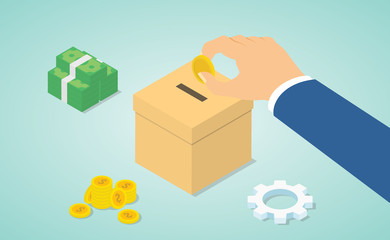 donation concept with hand give money to donate with money and donations box with isometric modern flat style - vector