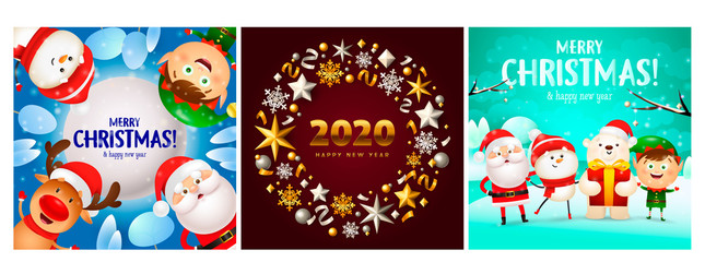 Merry Christmas blue, red, cyan banner set with animals