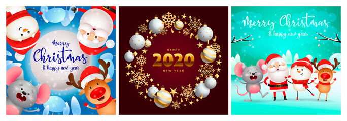 Merry Christmas blue, red, cyan banner set with snowman