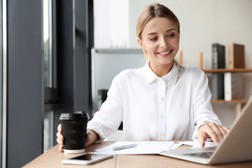 Female business trainer working with laptop in office