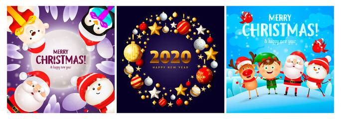 Merry Christmas violet, blue banner set with Santa