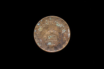 Old Hungarian People's Republic 2 Forint coin from 1982, obverse. Isolated on black background