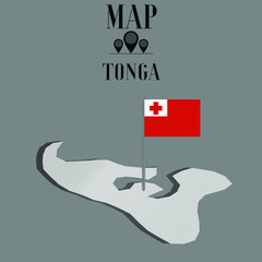 Tonga outline world map, contour silhouette with national flag on flagpole vector illustration design, isolated on background, objects, element, symbol from countries set