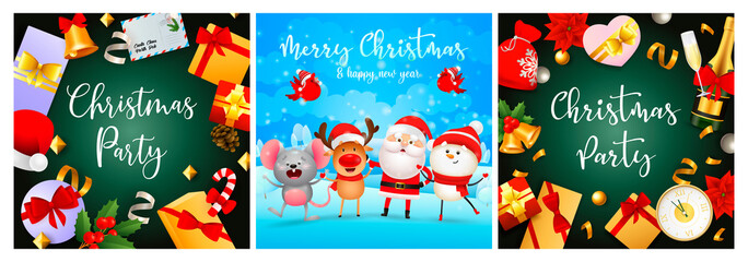 Merry Christmas blue, green banner set with animals, gifts