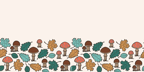 Vector autumn texture seamless border in beige. Simple doodle leaf and mashroom and toadstool hand drawn made into repeat. Great for invitations, decor, packaging, ribbon, greeting cards, stationary.