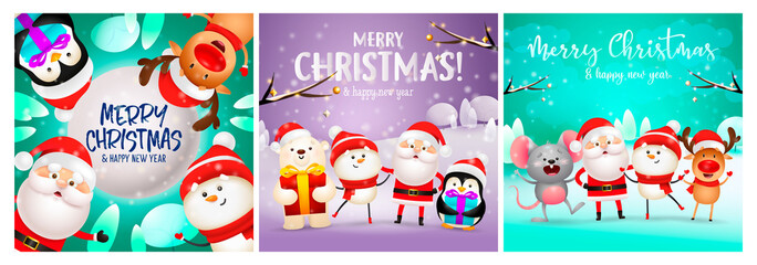 Merry Christmas violet, green banner set with animals, Santa