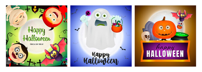 Halloween party banner set with ghost and monsters