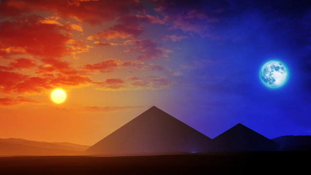 majestic ancient pyramids in desert environment with day to night soft transition