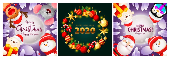 Deurstickers Merry Christmas green, blue banner set with animals, gifts © PCH.Vector