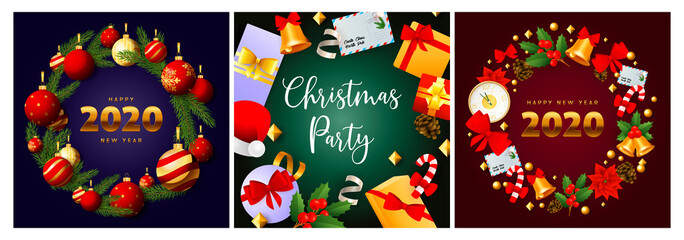 Christmas party blue, green, red banner set with gifts