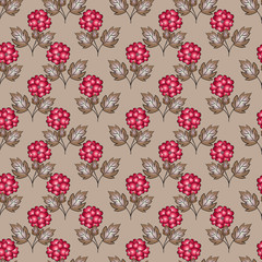 Seamless floral pattern. Flowers with bright heart-shaped carmine petals, brown leaves, grayish-orange background.
