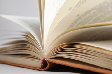 Closeup view of open book on light background