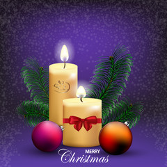  Abstract holiday background with New Year's toys, candles and fir branches. Design element for the new year 2020. Postcard